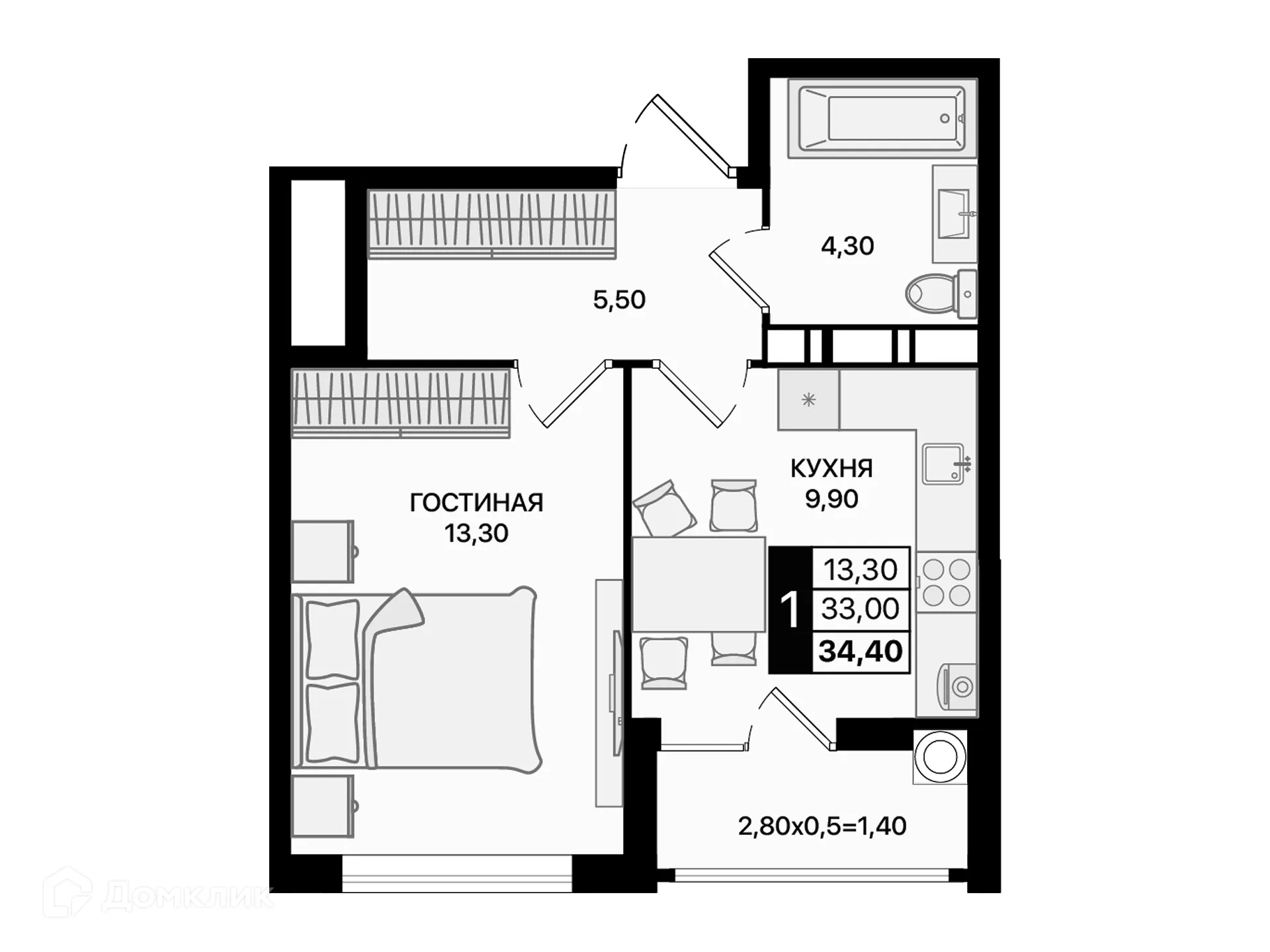 Планировка 1-комнатной квартиры 34.4 м² в ЖК Движение61, г. Ростов-на-Дону — фото 2