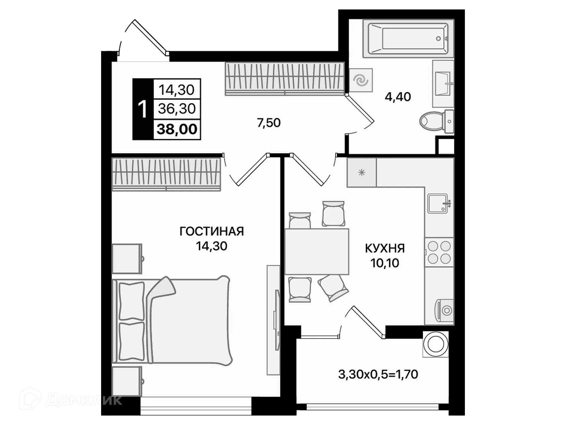 Планировка 1-комнатной квартиры 38 м² в ЖК Движение61, г. Ростов-на-Дону — фото 2