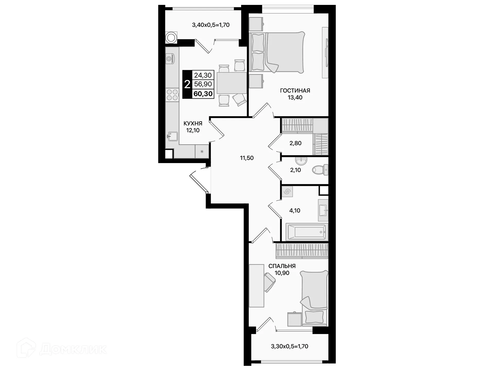 Планировка 2-комнатной квартиры 60.3 м² в ЖК Движение61, г. Ростов-на-Дону — фото 1