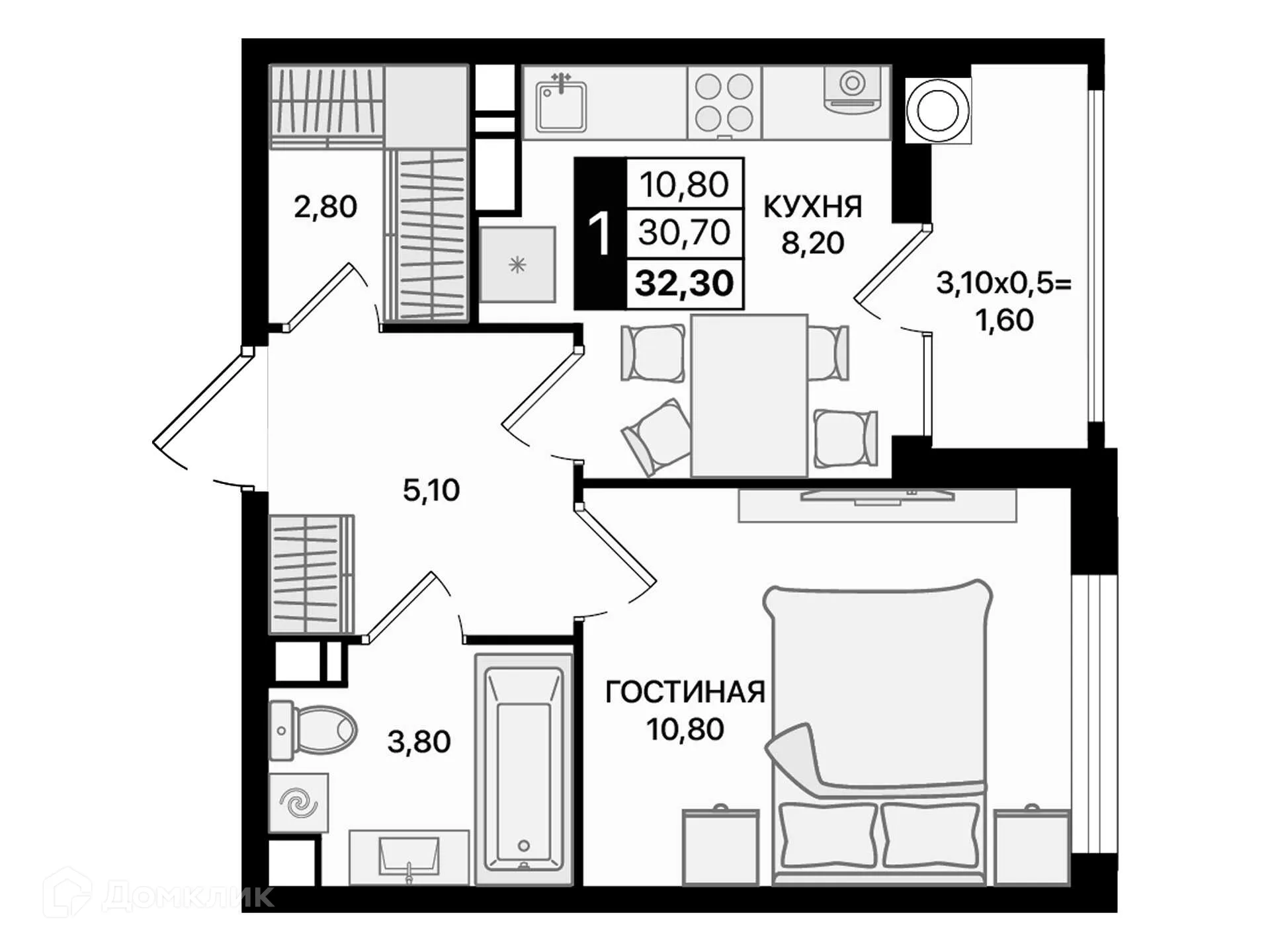 Планировка 1-комнатной квартиры 32.3 м² в ЖК Движение61, г. Ростов-на-Дону — фото 2