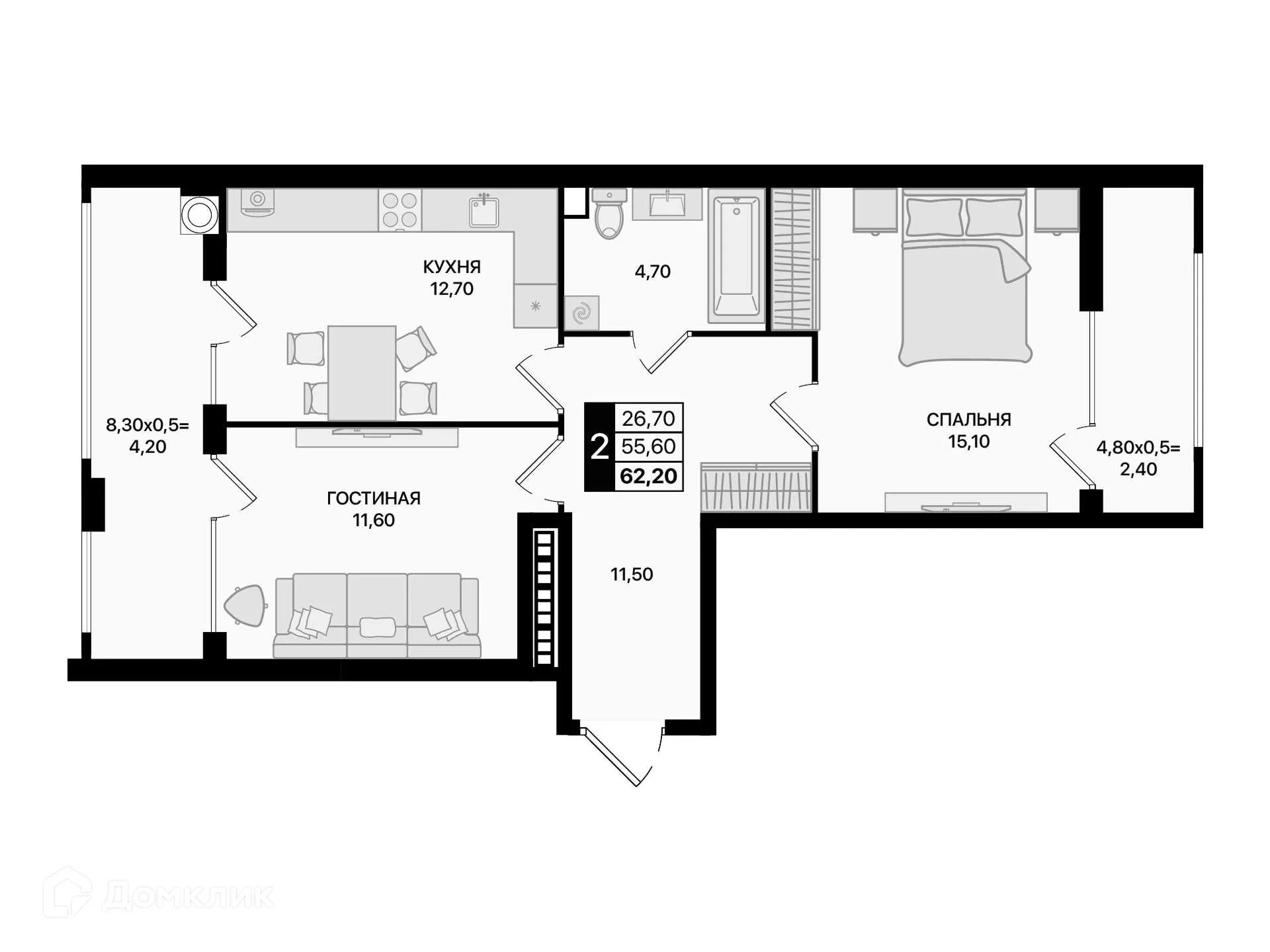 Планировка 2-комнатной квартиры 62.2 м² в ЖК Движение61, г. Ростов-на-Дону — фото 2