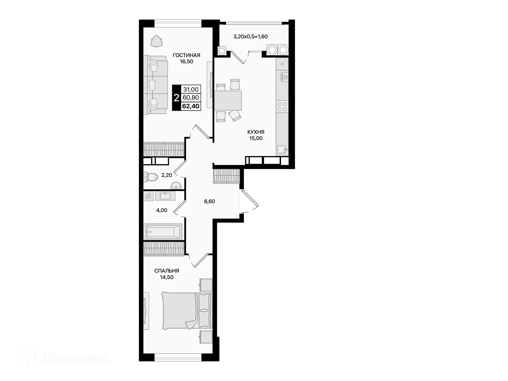 Планировка 2-комнатной квартиры 62.4 м² в ЖК Движение61, г. Ростов-на-Дону — фото 2