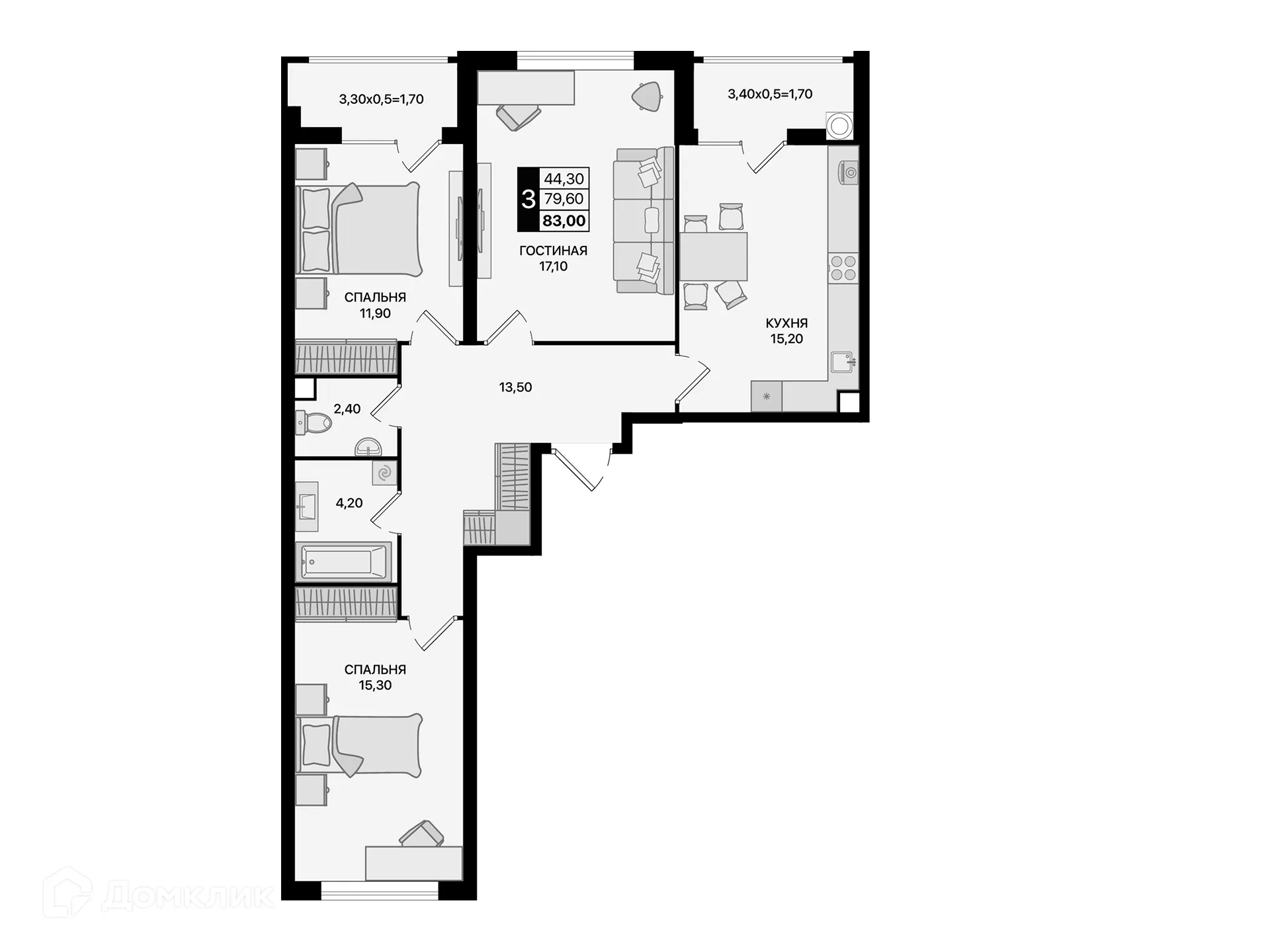 Планировка 3-комнатной квартиры 83 м² в ЖК Движение61, г. Ростов-на-Дону — фото 2