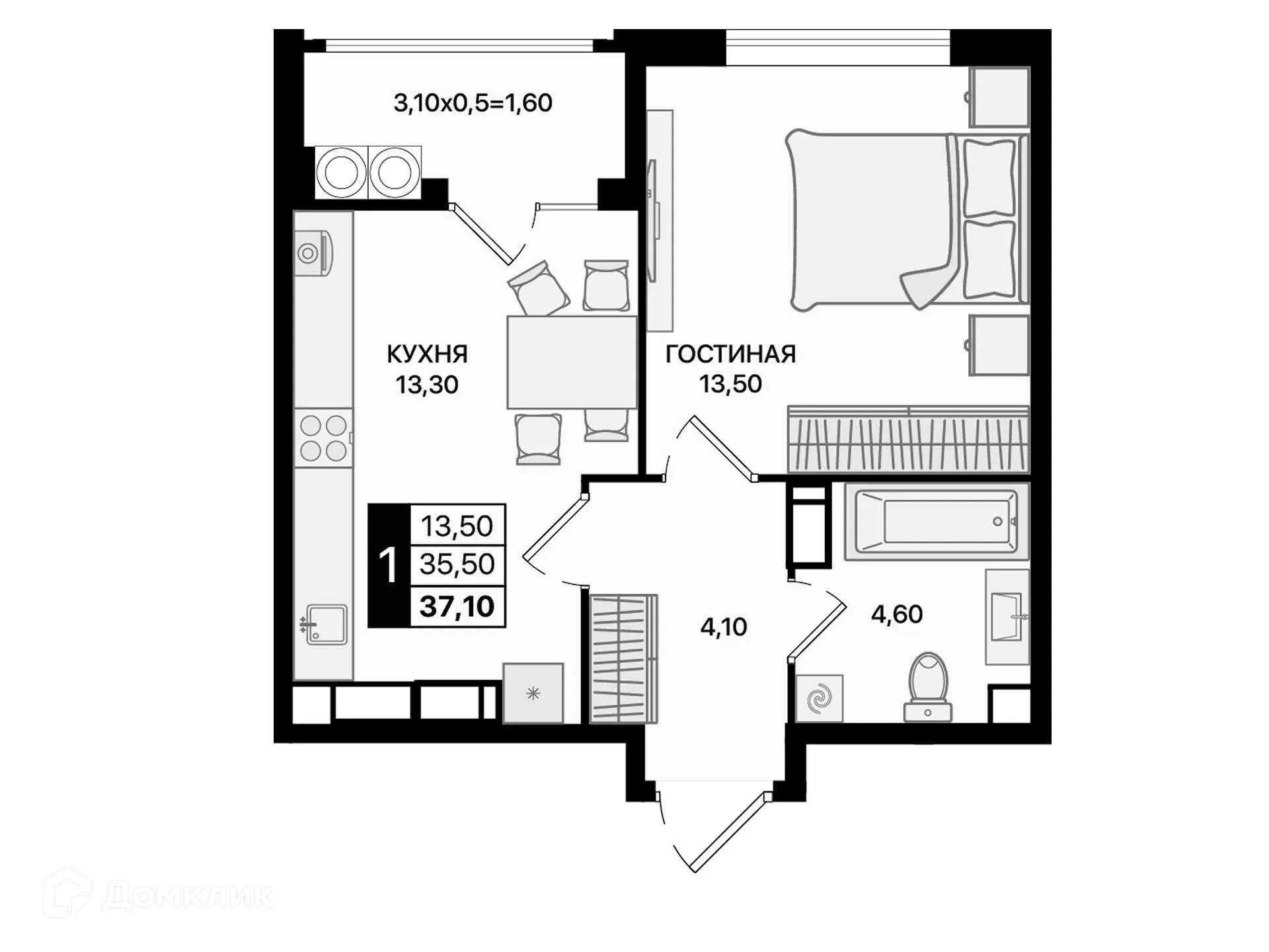 Планировка 1-комнатной квартиры 37.1 м² в ЖК Движение61, г. Ростов-на-Дону — фото 2