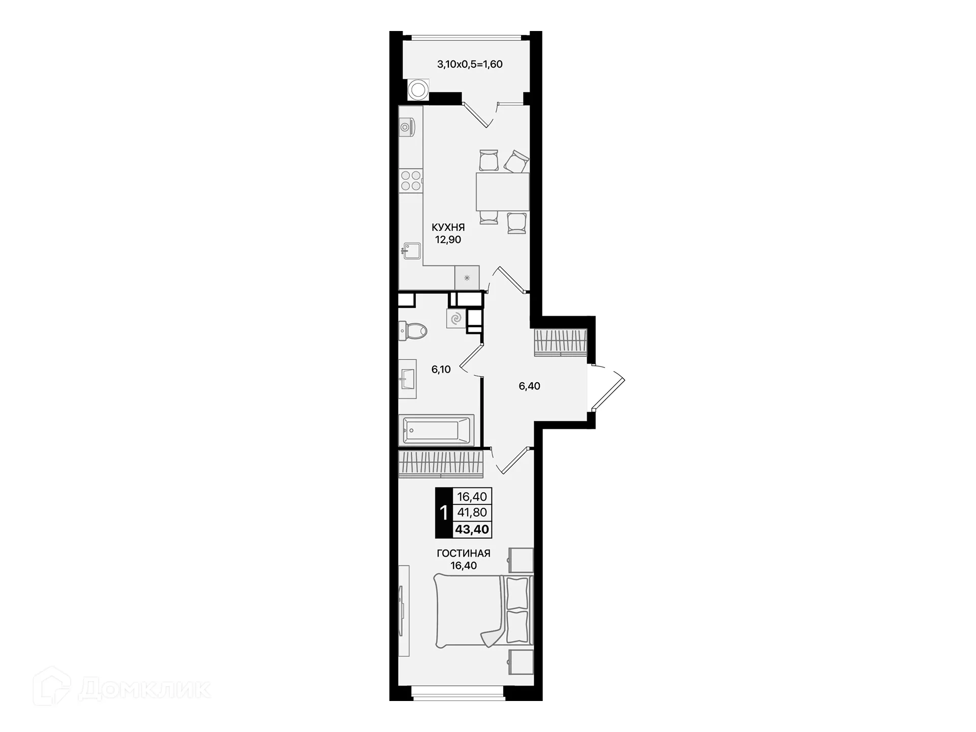 Планировка 1-комнатной квартиры 43.4 м² в ЖК Движение61, г. Ростов-на-Дону — фото 2
