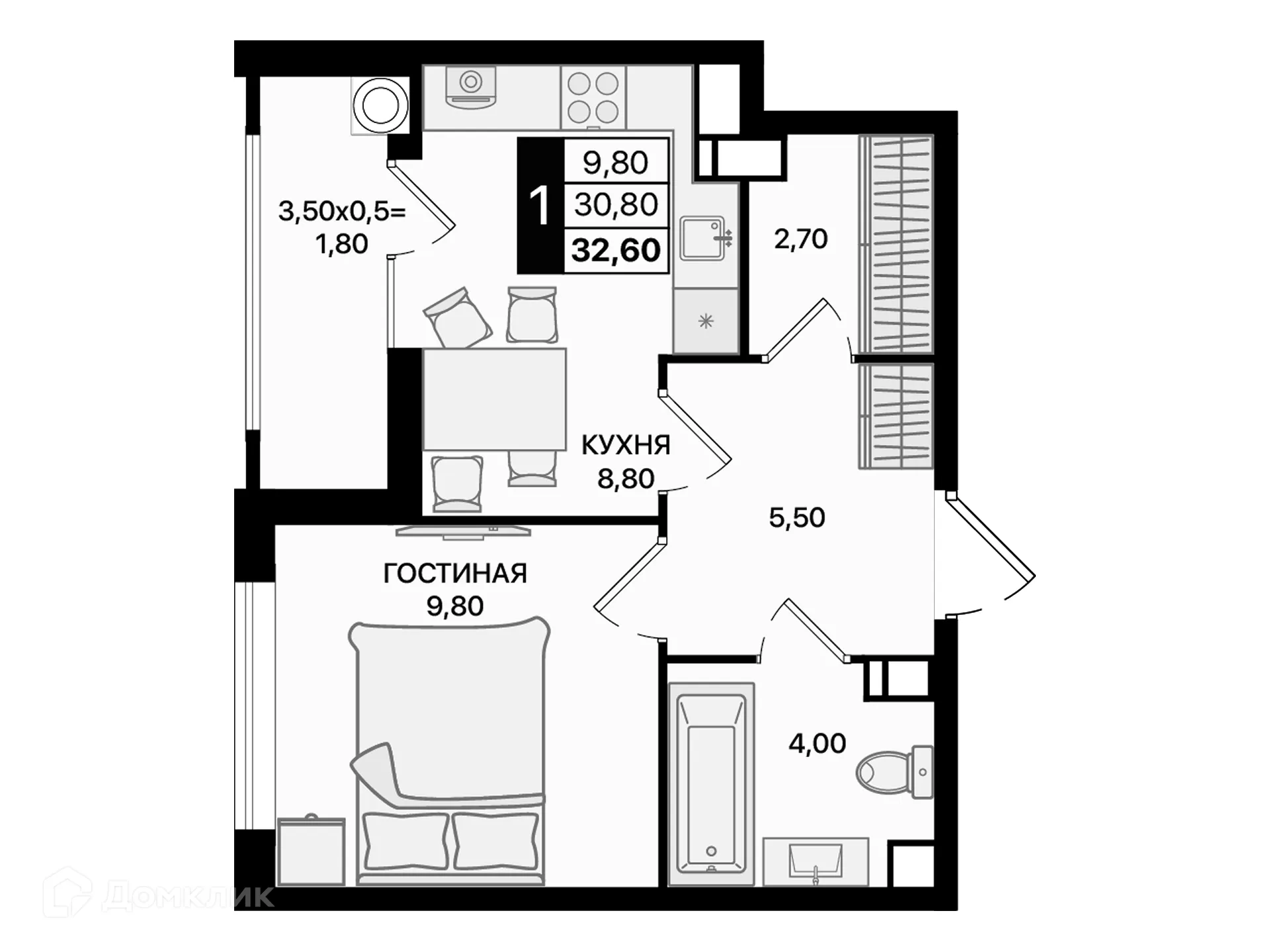 Планировка 1-комнатной квартиры 32.6 м² в ЖК Движение61, г. Ростов-на-Дону — фото 2