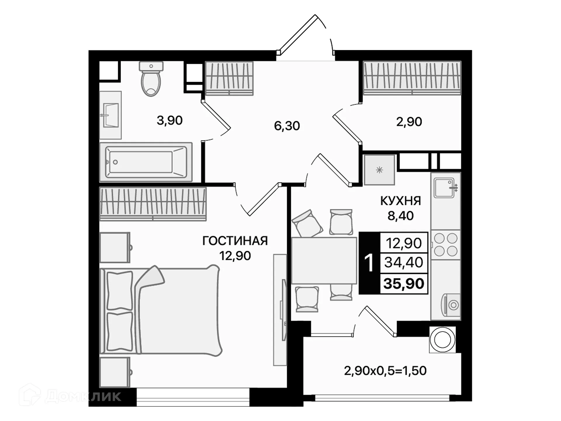 Планировка 1-комнатной квартиры 35.9 м² в ЖК Движение61, г. Ростов-на-Дону — фото 1