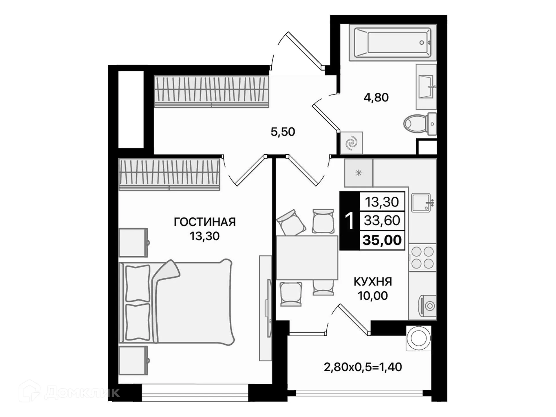 Планировка 1-комнатной квартиры 35 м² в ЖК Движение61, г. Ростов-на-Дону — фото 1