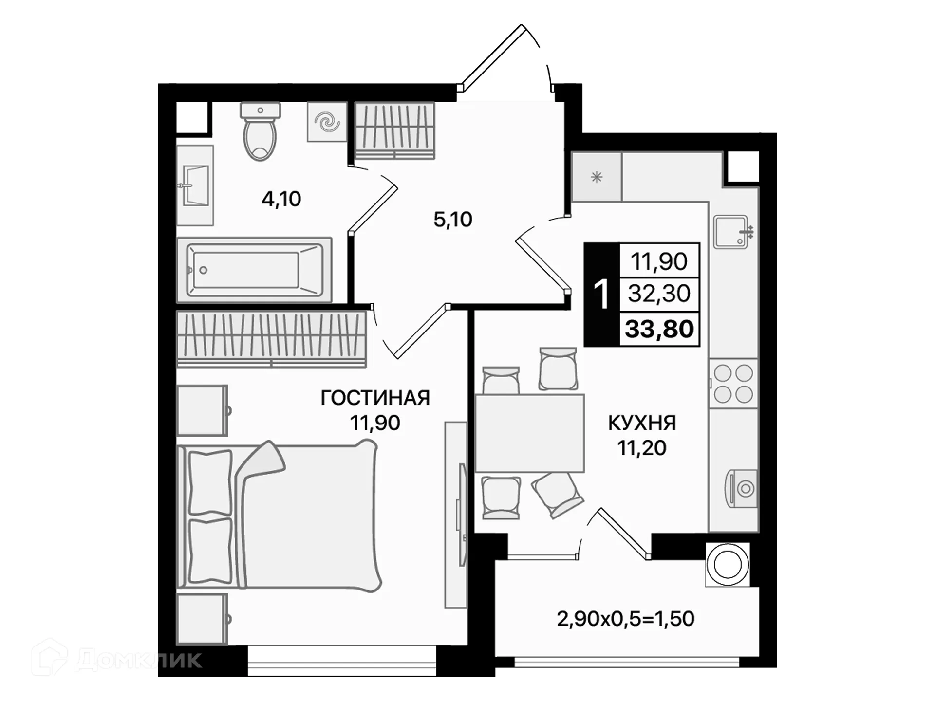 Планировка 1-комнатной квартиры 33.8 м² в ЖК Движение61, г. Ростов-на-Дону — фото 2