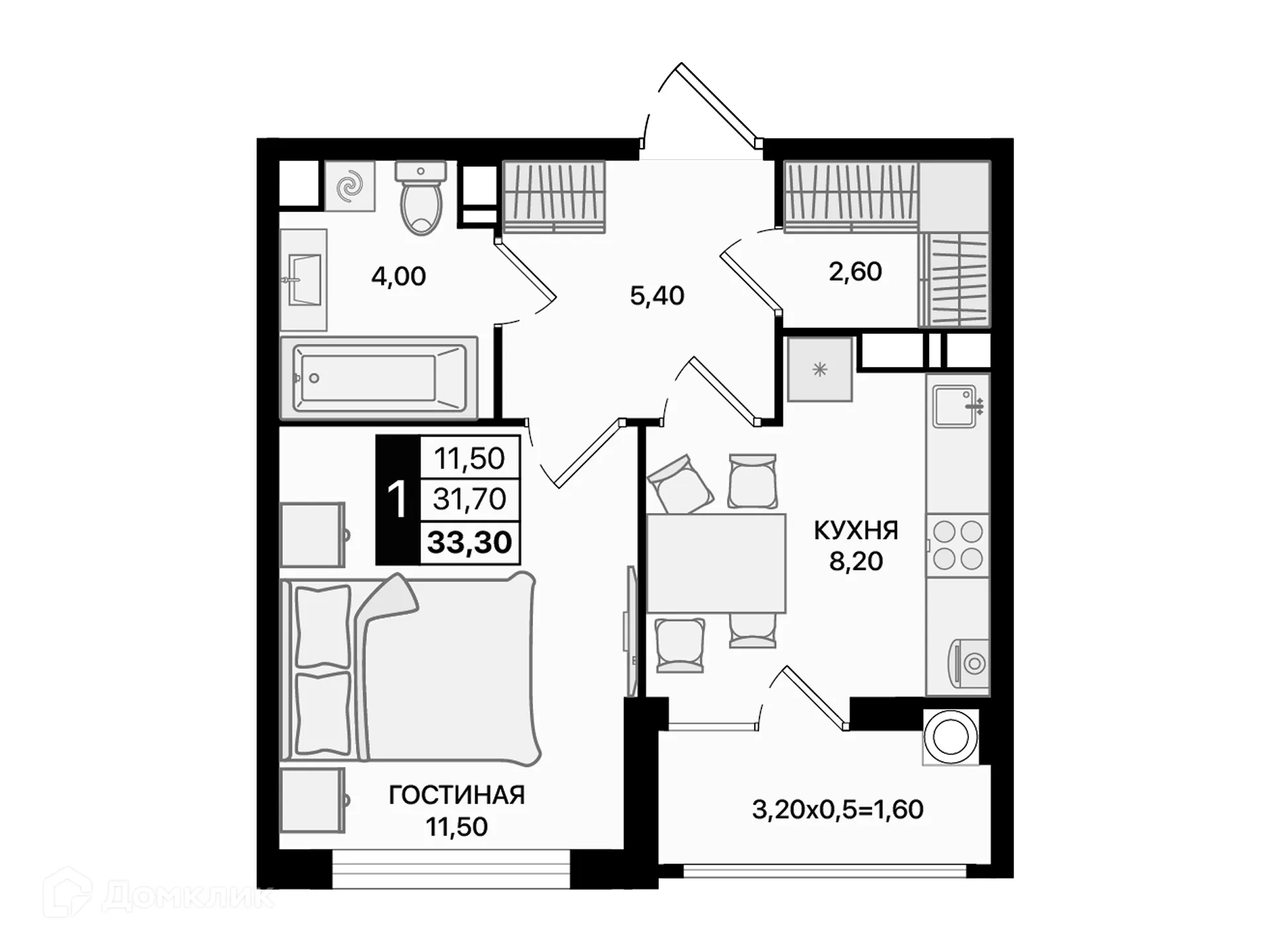Планировка 1-комнатной квартиры 33.3 м² в ЖК Движение61, г. Ростов-на-Дону — фото 2