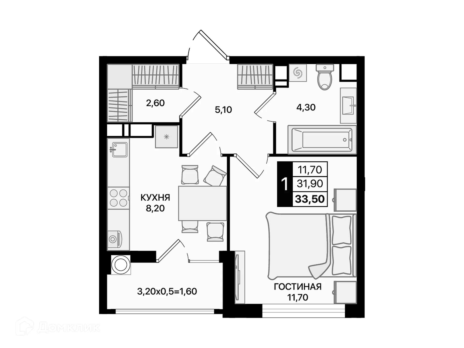 Планировка 1-комнатной квартиры 33.5 м² в ЖК Движение61, г. Ростов-на-Дону — фото 2
