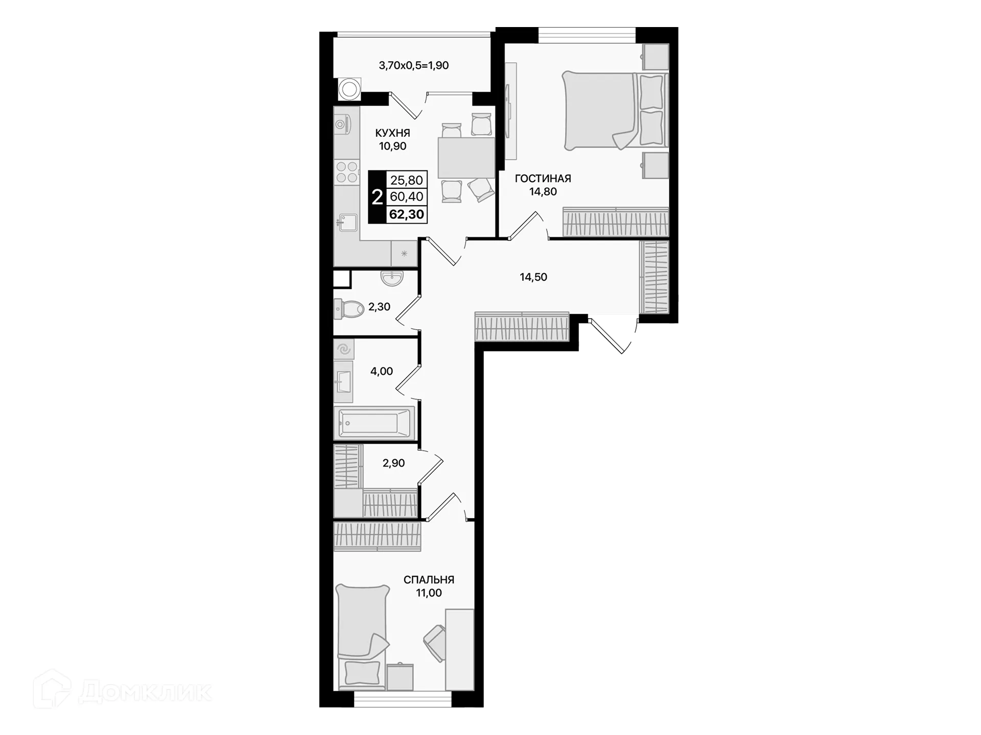 Планировка 2-комнатной квартиры 62.3 м² в ЖК Движение61, г. Ростов-на-Дону — фото 2