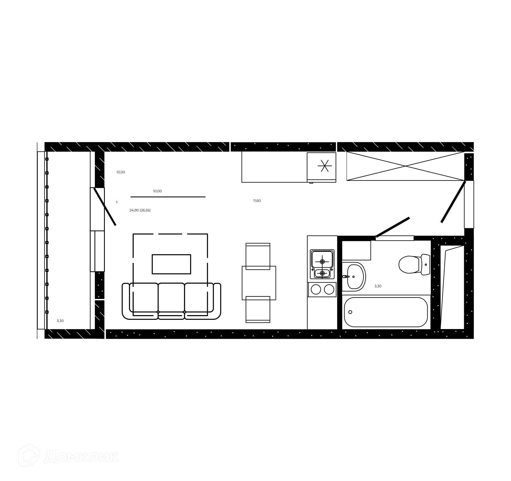 Планировка студии квартиры 26.55 м² в ЖК ПРИТЯЖЕНИЕ, г. Ростов-на-Дону — фото 1