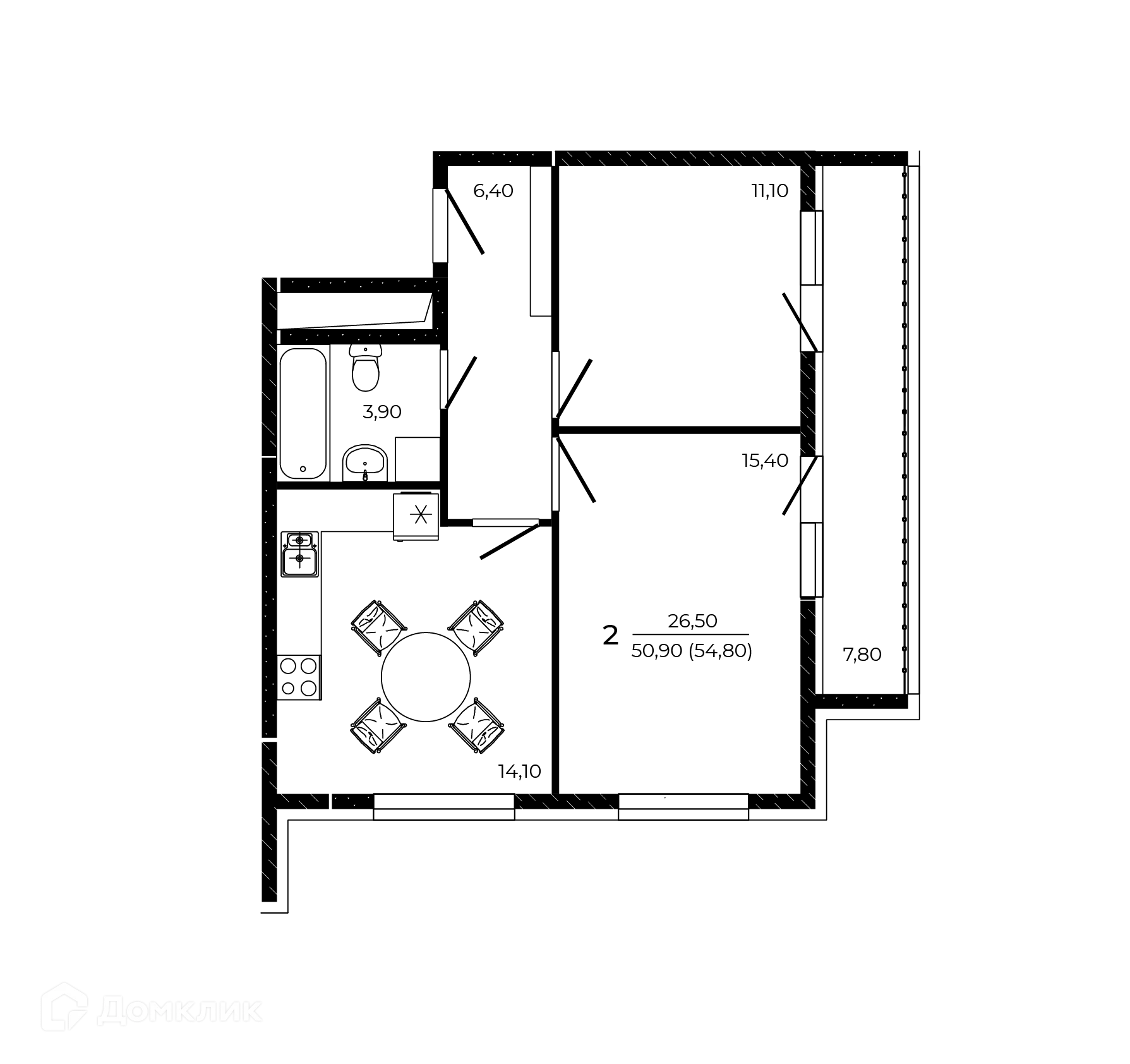 Планировка 2-комнатной квартиры 54.8 м² в ЖК ПРИТЯЖЕНИЕ, г. Ростов-на-Дону — фото 1