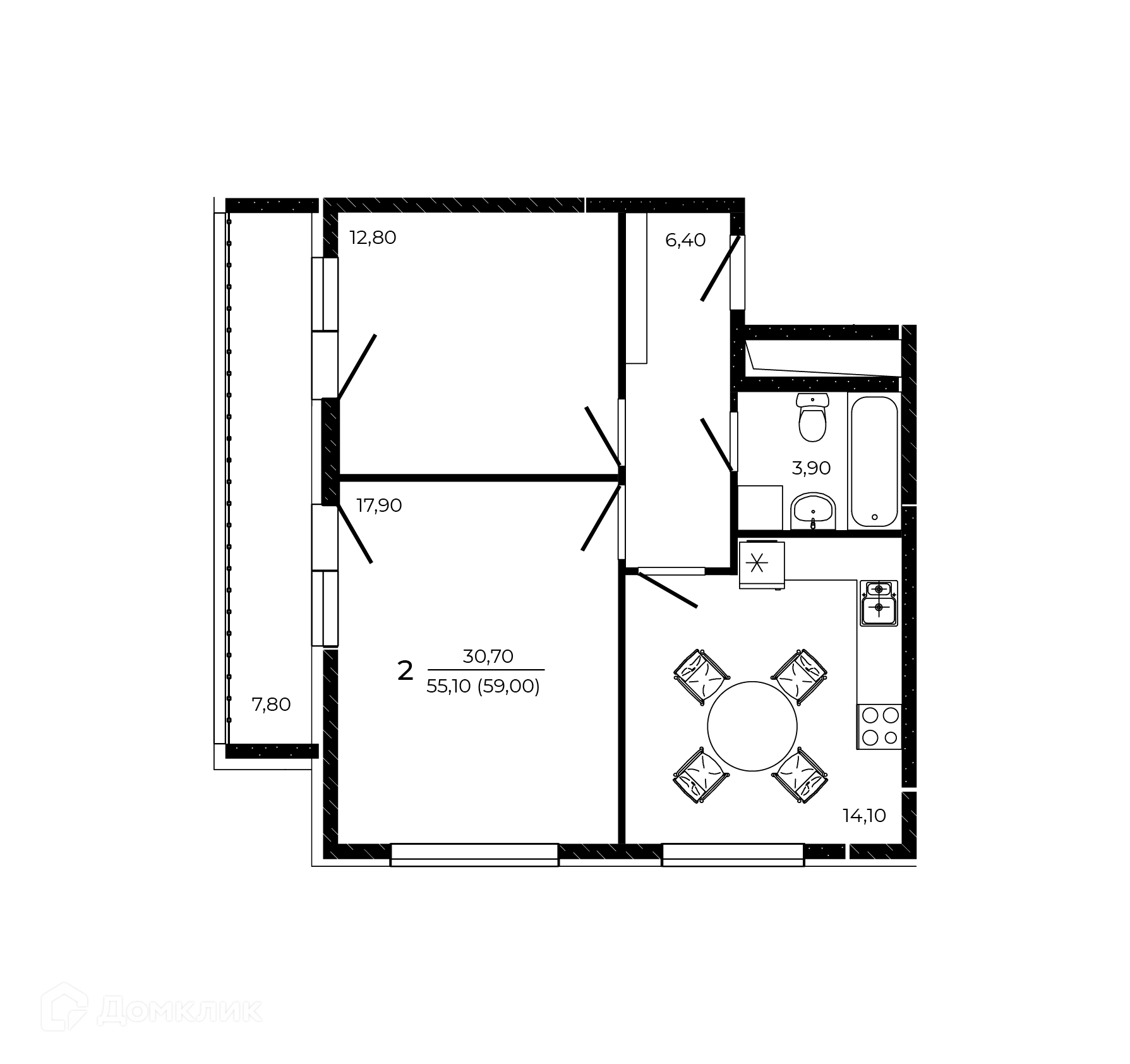 Планировка 2-комнатной квартиры 59 м² в ЖК ПРИТЯЖЕНИЕ, г. Ростов-на-Дону — фото 1