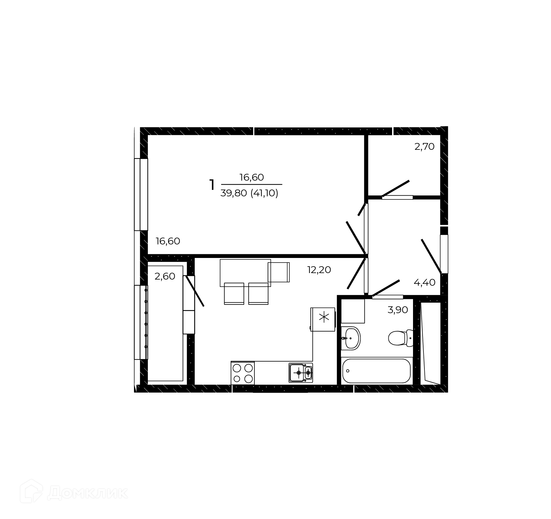 Планировка 1-комнатной квартиры 41.1 м² в ЖК ПРИТЯЖЕНИЕ, г. Ростов-на-Дону — фото 1