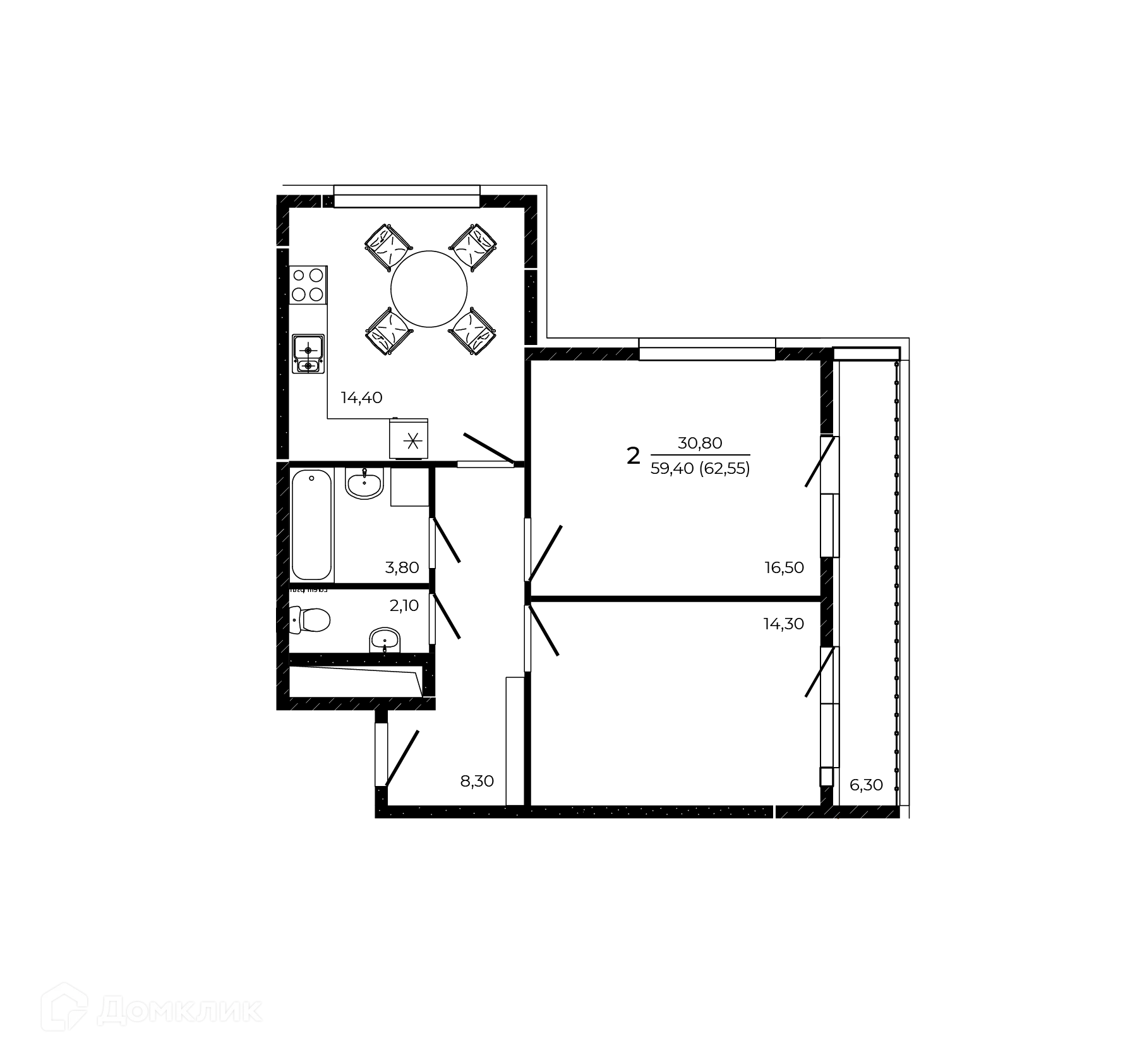 Планировка 2-комнатной квартиры 62.55 м² в ЖК ПРИТЯЖЕНИЕ, г. Ростов-на-Дону — фото 1