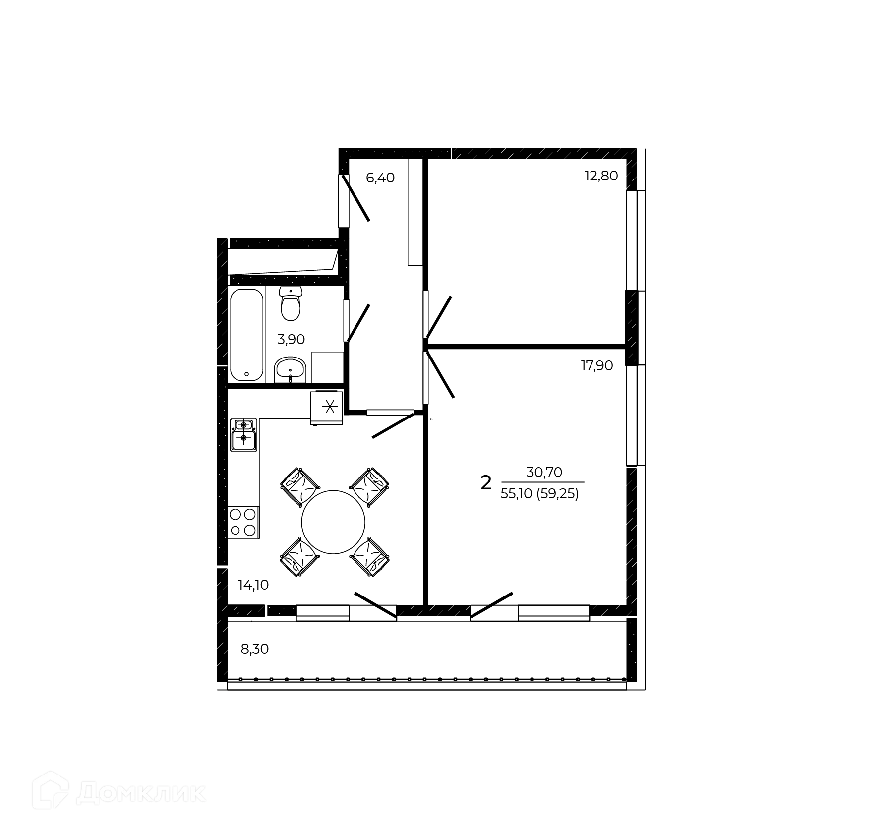 Планировка 2-комнатной квартиры 59.25 м² в ЖК ПРИТЯЖЕНИЕ, г. Ростов-на-Дону — фото 1