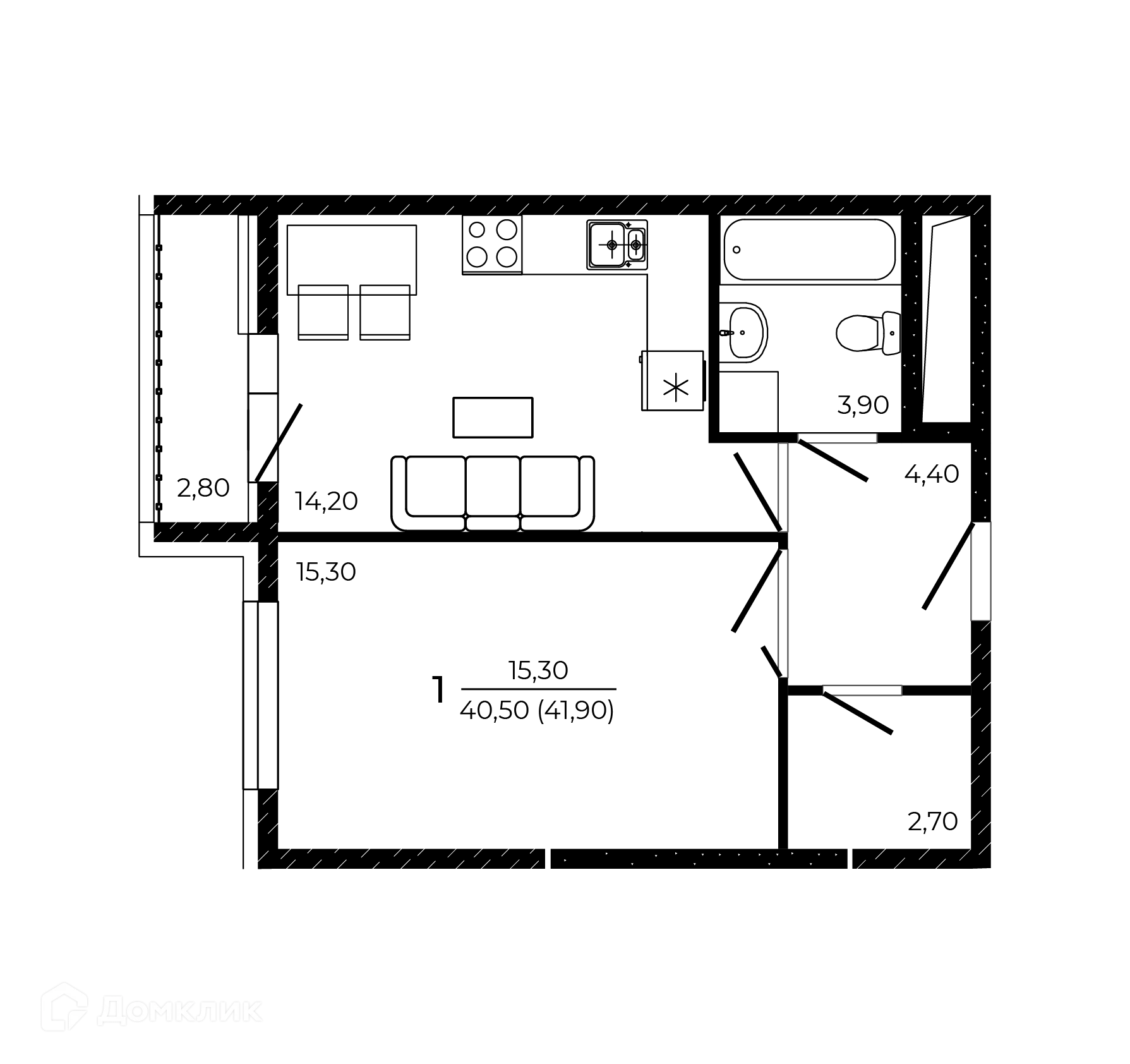Планировка 1-комнатной квартиры 41.9 м² в ЖК ПРИТЯЖЕНИЕ, г. Ростов-на-Дону — фото 1