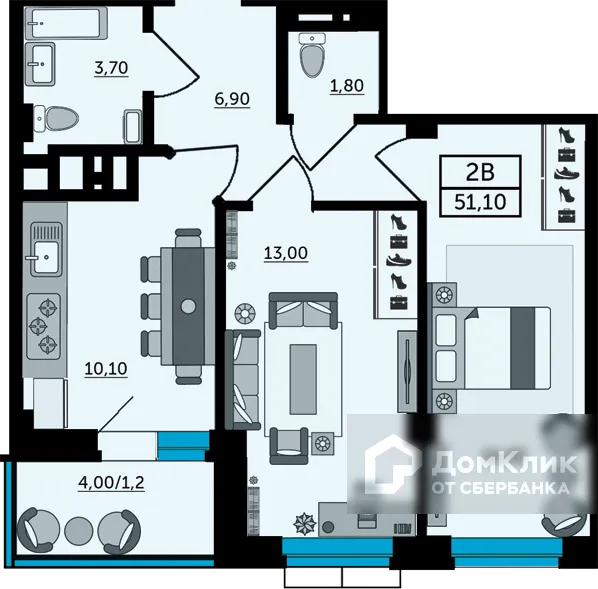 Планировка 2-комнатной квартиры 52 м² в ЖК Грин парк, г. Ростов-на-Дону — фото 1