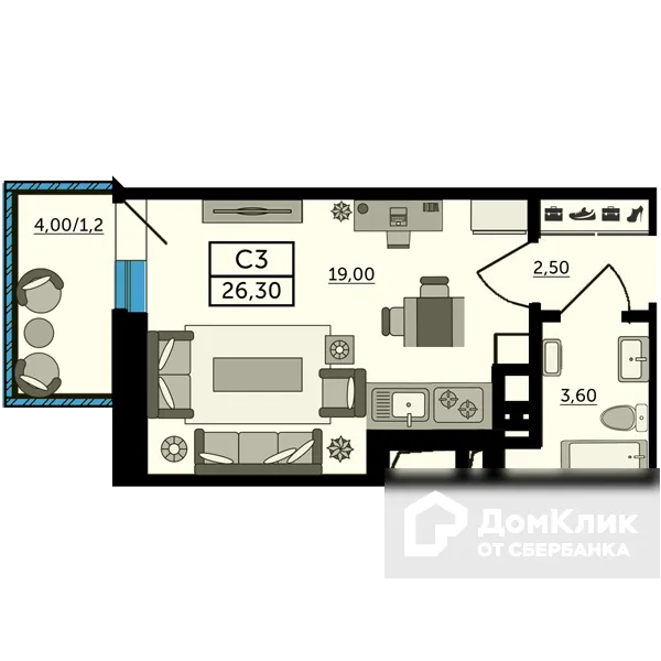 Планировка студии квартиры 26.4 м² в ЖК Грин парк, г. Ростов-на-Дону — фото 2