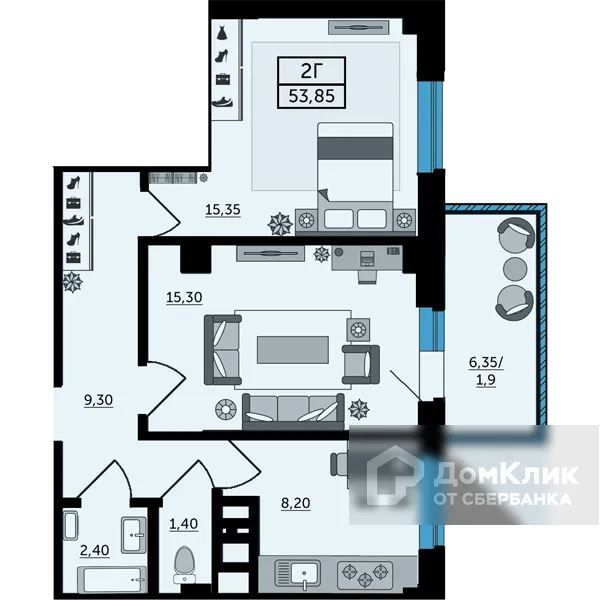 Планировка 2-комнатной квартиры 55.3 м² в ЖК Грин парк, г. Ростов-на-Дону — фото 2