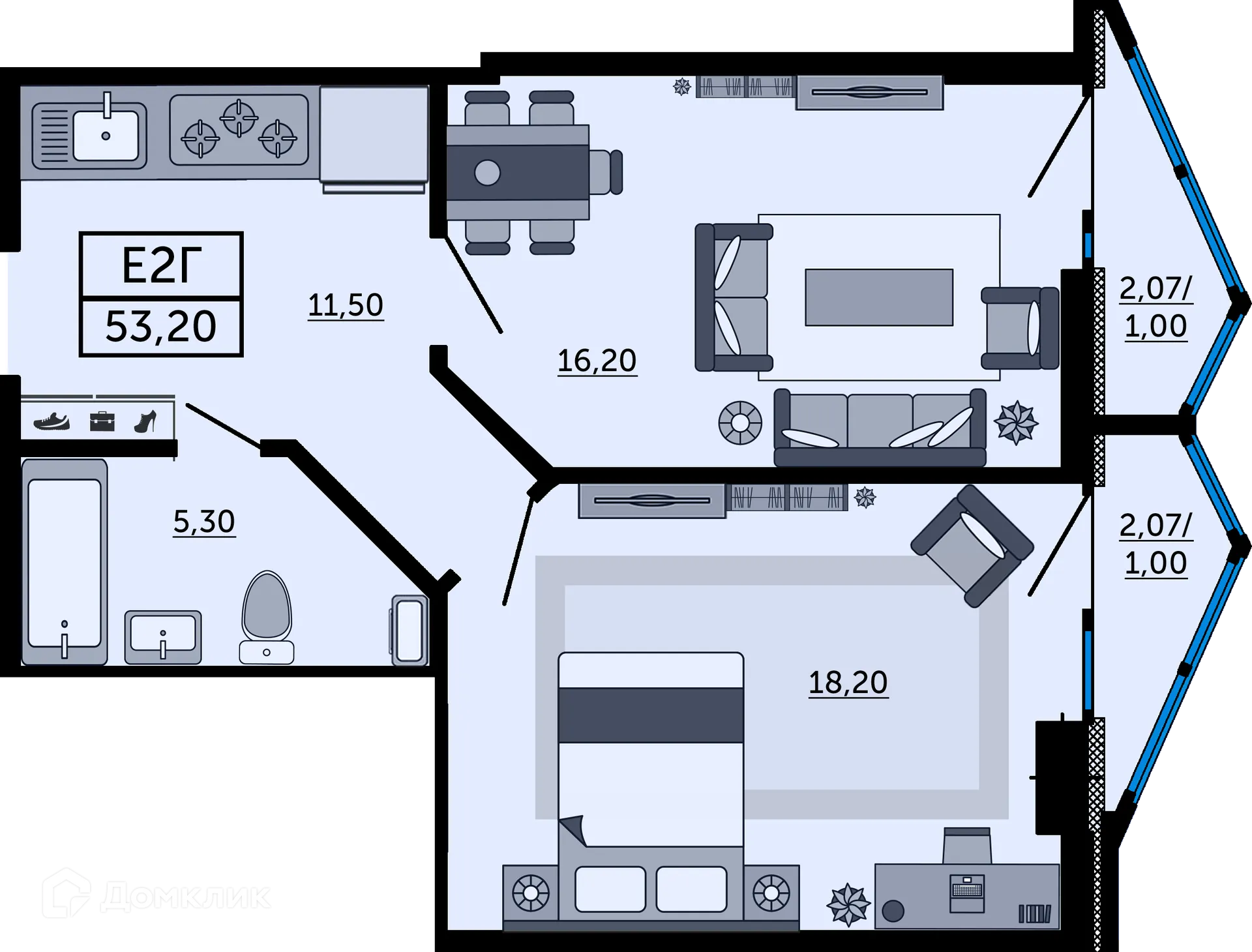Планировка 2-комнатной квартиры 53.1 м² в ЖК"Акватория", г. Ростов-на-Дону — фото 1