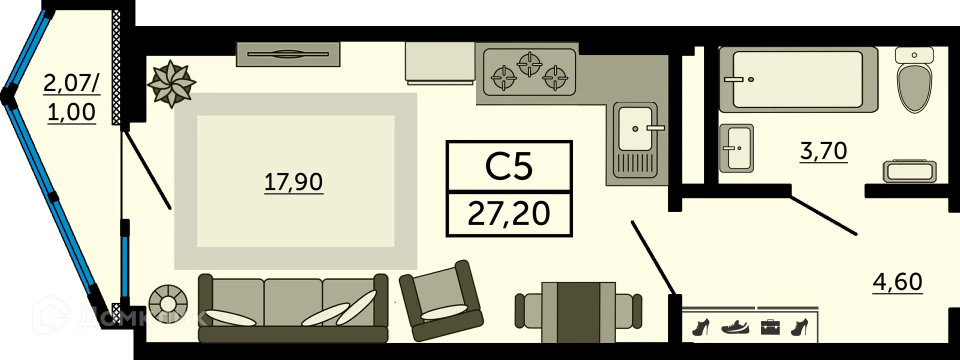 Планировка студии квартиры 26.7 м² в ЖК"Акватория", г. Ростов-на-Дону — фото 3