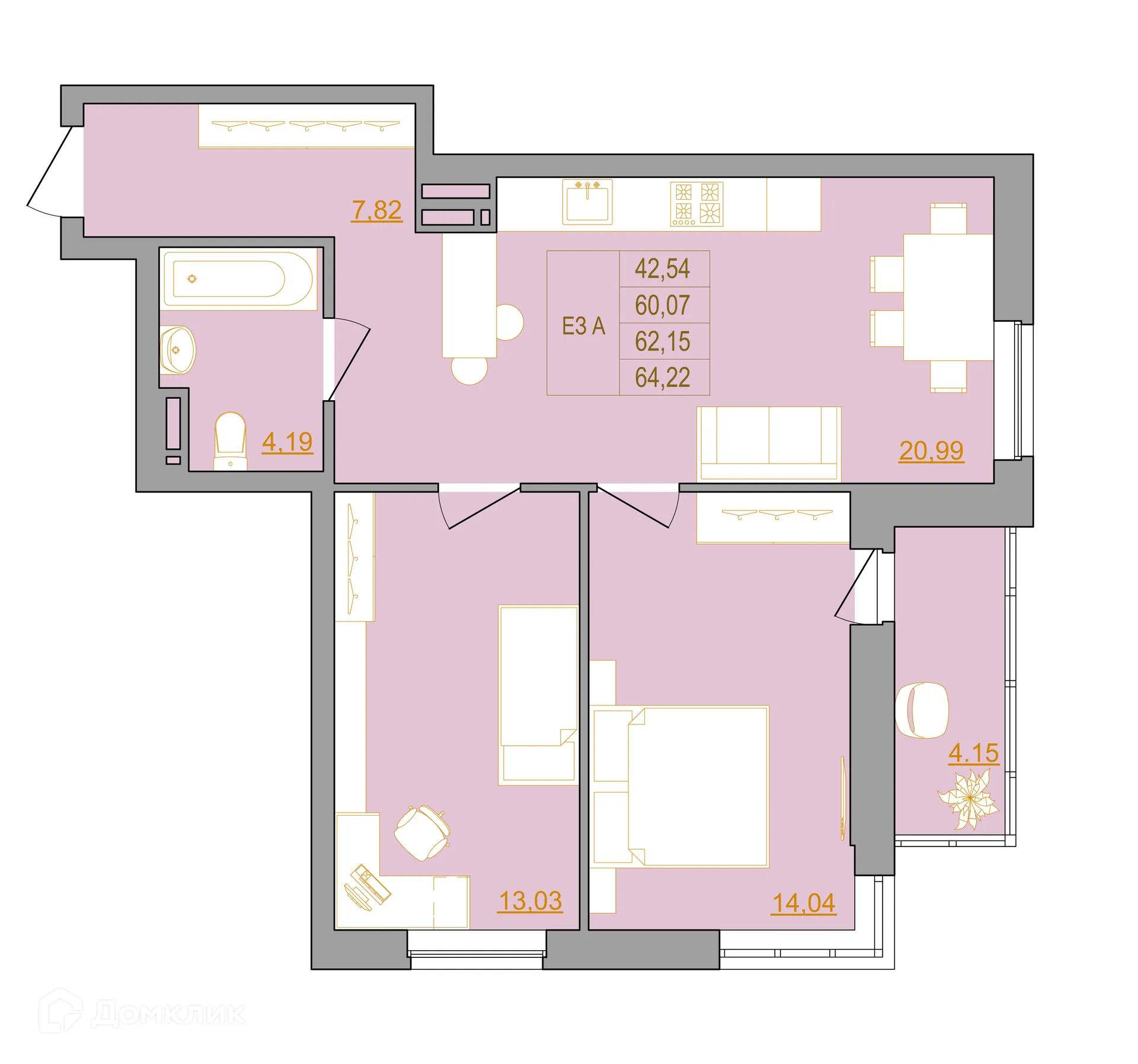 Планировка 3-комнатной квартиры 64.6 м² в ЖК Новый Горизонт, г. Ростов-на-Дону — фото 1