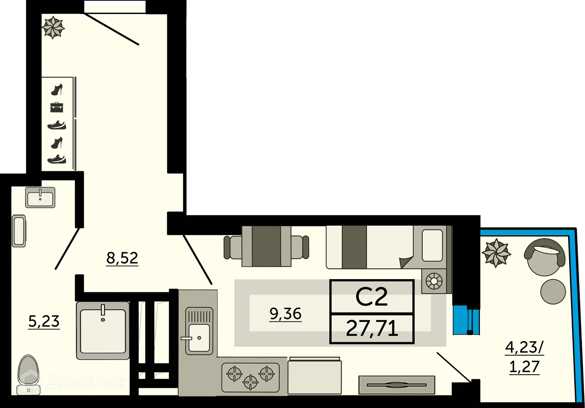 Планировка студии квартиры 27.6 м² в ЖК "Донской Арбат", г. Ростов-на-Дону — фото 1
