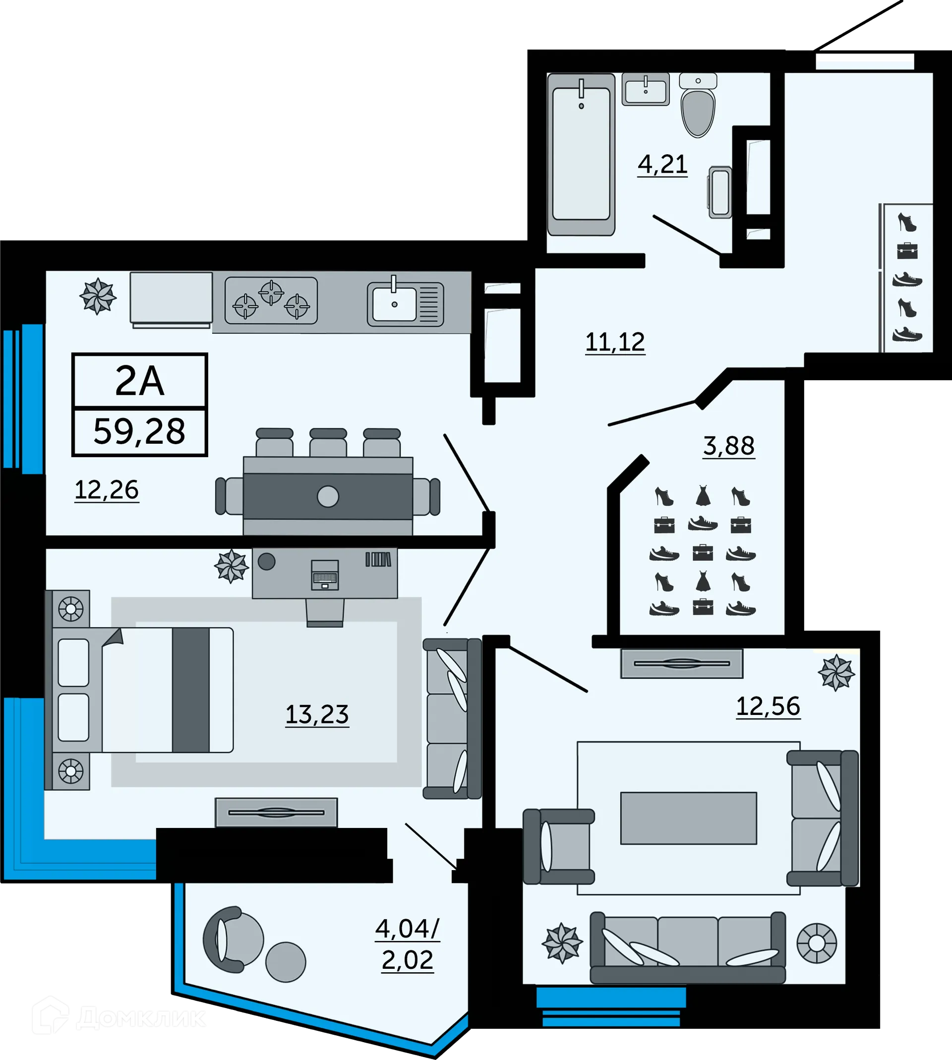 Планировка 2-комнатной квартиры 59.1 м² в ЖК "Донской Арбат", г. Ростов-на-Дону — фото 1
