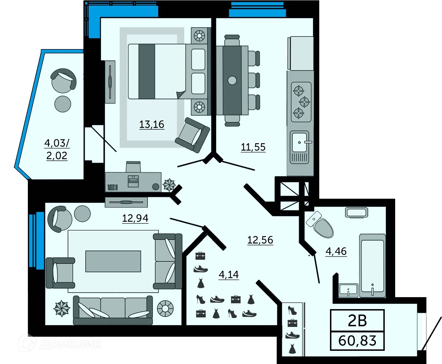 Планировка 2-комнатной квартиры 58.6 м² в ЖК "Донской Арбат", г. Ростов-на-Дону — фото 2
