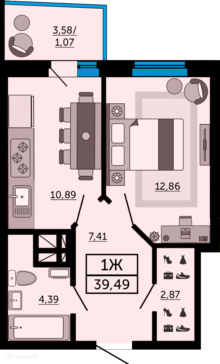 Планировка 1-комнатной квартиры 38.3 м² в ЖК "Донской Арбат", г. Ростов-на-Дону — фото 2