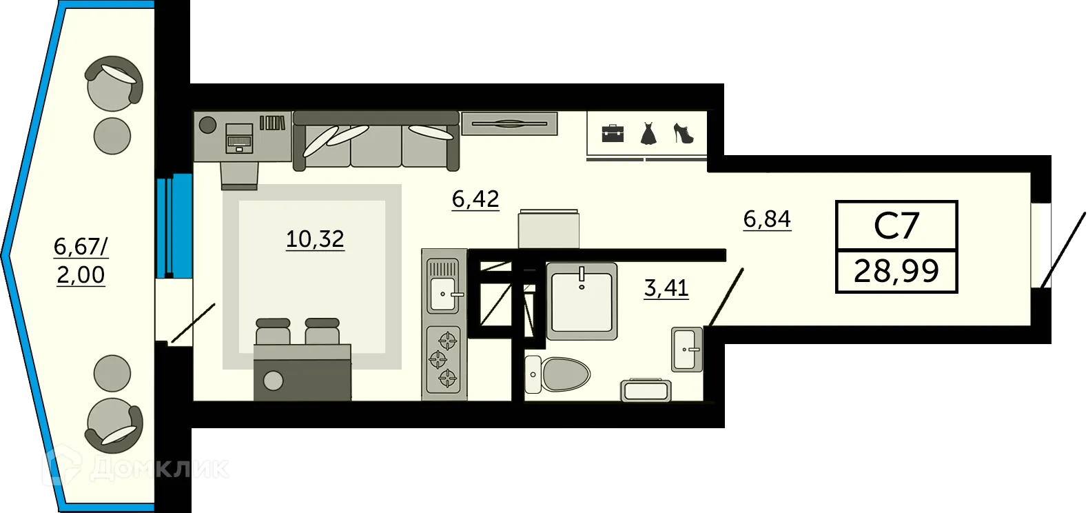 Планировка студии квартиры 29.5 м² в ЖК "Донской Арбат", г. Ростов-на-Дону — фото 1