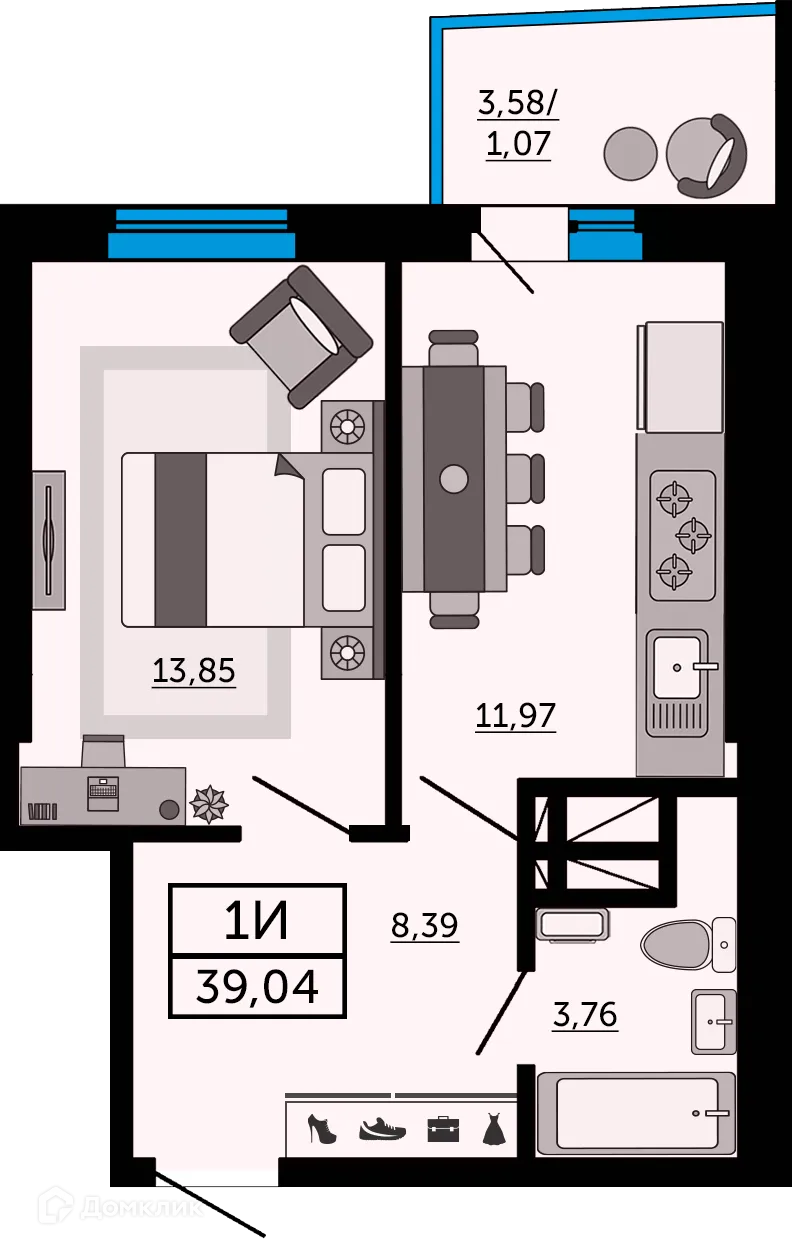 Планировка 1-комнатной квартиры 39.3 м² в ЖК "Донской Арбат", г. Ростов-на-Дону — фото 1