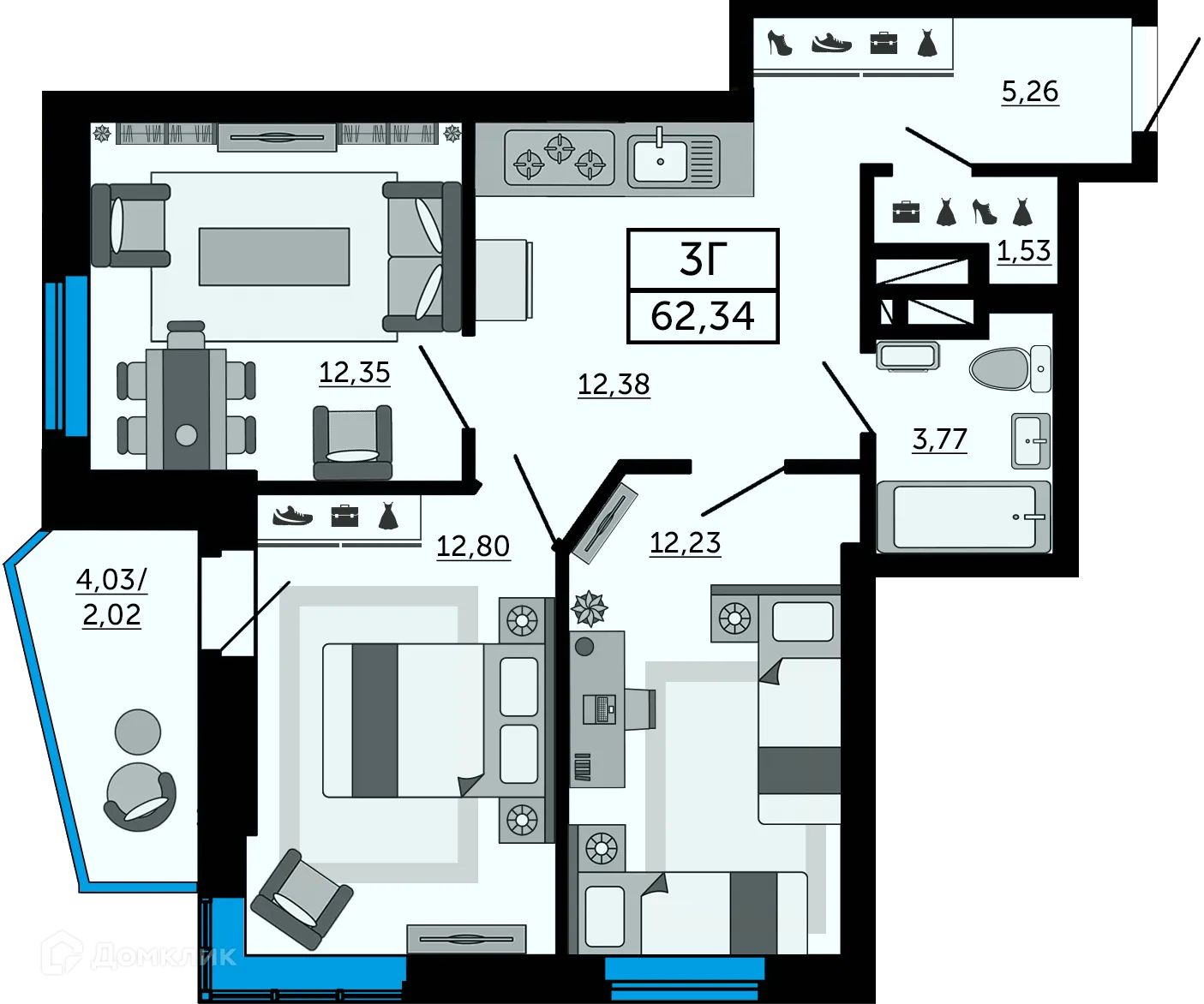 Планировка 3-комнатной квартиры 62.5 м² в ЖК "Донской Арбат", г. Ростов-на-Дону — фото 1