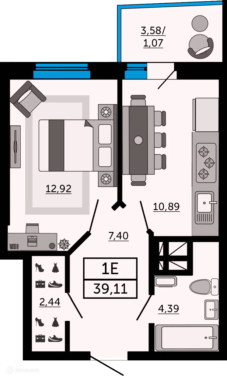 Планировка 1-комнатной квартиры 39.1 м² в ЖК "Донской Арбат", г. Ростов-на-Дону — фото 1