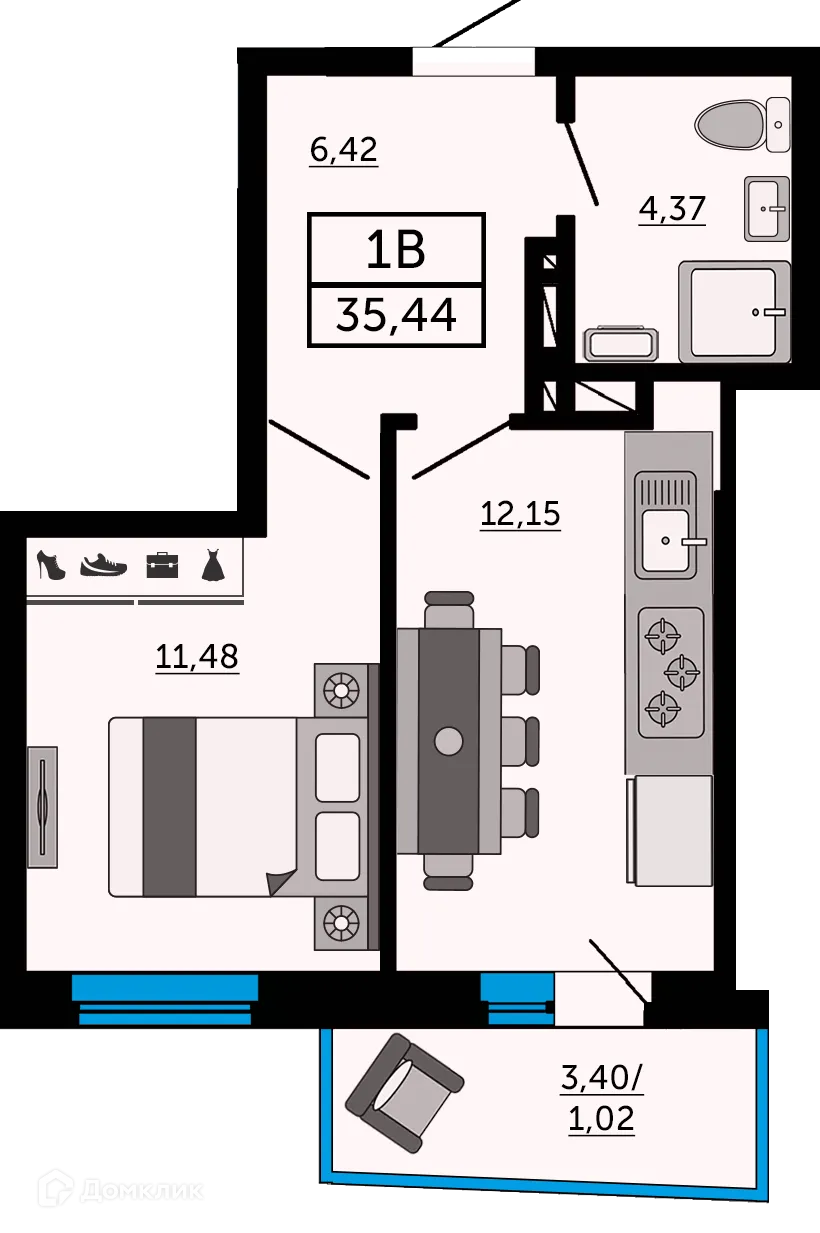 Планировка 1-комнатной квартиры 35.1 м² в ЖК "Донской Арбат", г. Ростов-на-Дону — фото 1