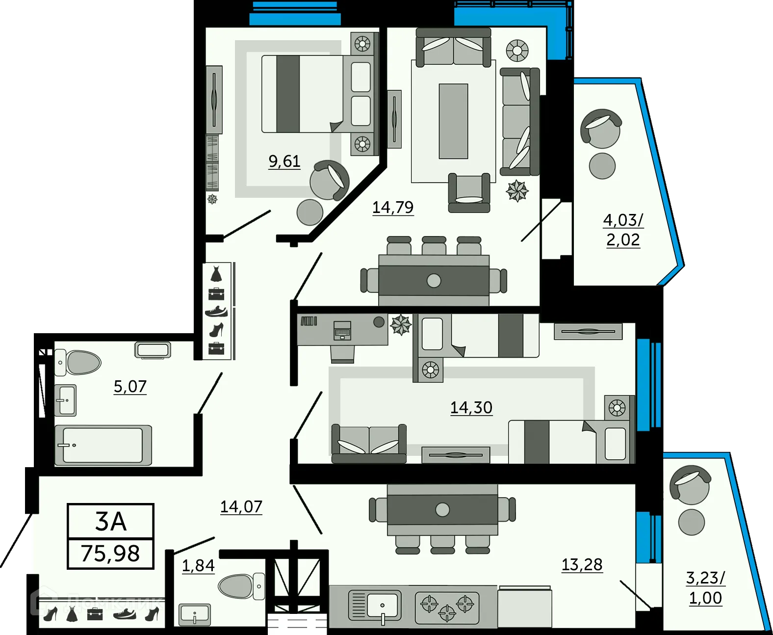 Планировка 3-комнатной квартиры 76.3 м² в ЖК "Донской Арбат", г. Ростов-на-Дону — фото 1