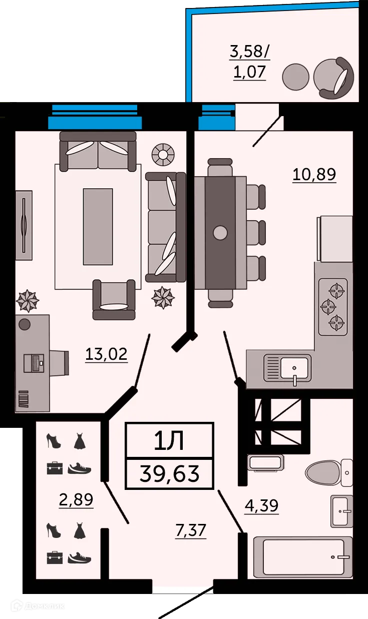 Планировка 1-комнатной квартиры 39.5 м² в ЖК "Донской Арбат", г. Ростов-на-Дону — фото 1
