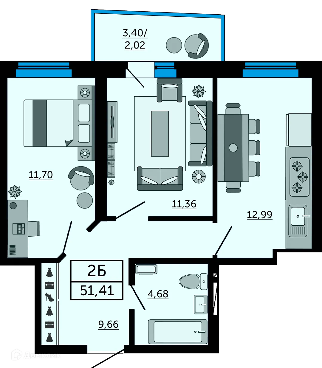 Планировка 2-комнатной квартиры 51.4 м² в ЖК "Донской Арбат", г. Ростов-на-Дону — фото 1