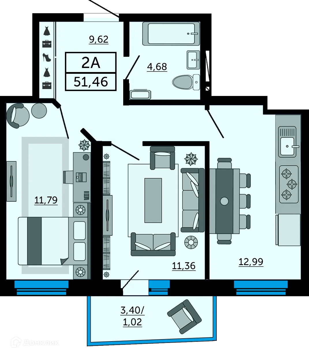 Планировка 2-комнатной квартиры 51.5 м² в ЖК "Донской Арбат", г. Ростов-на-Дону — фото 2