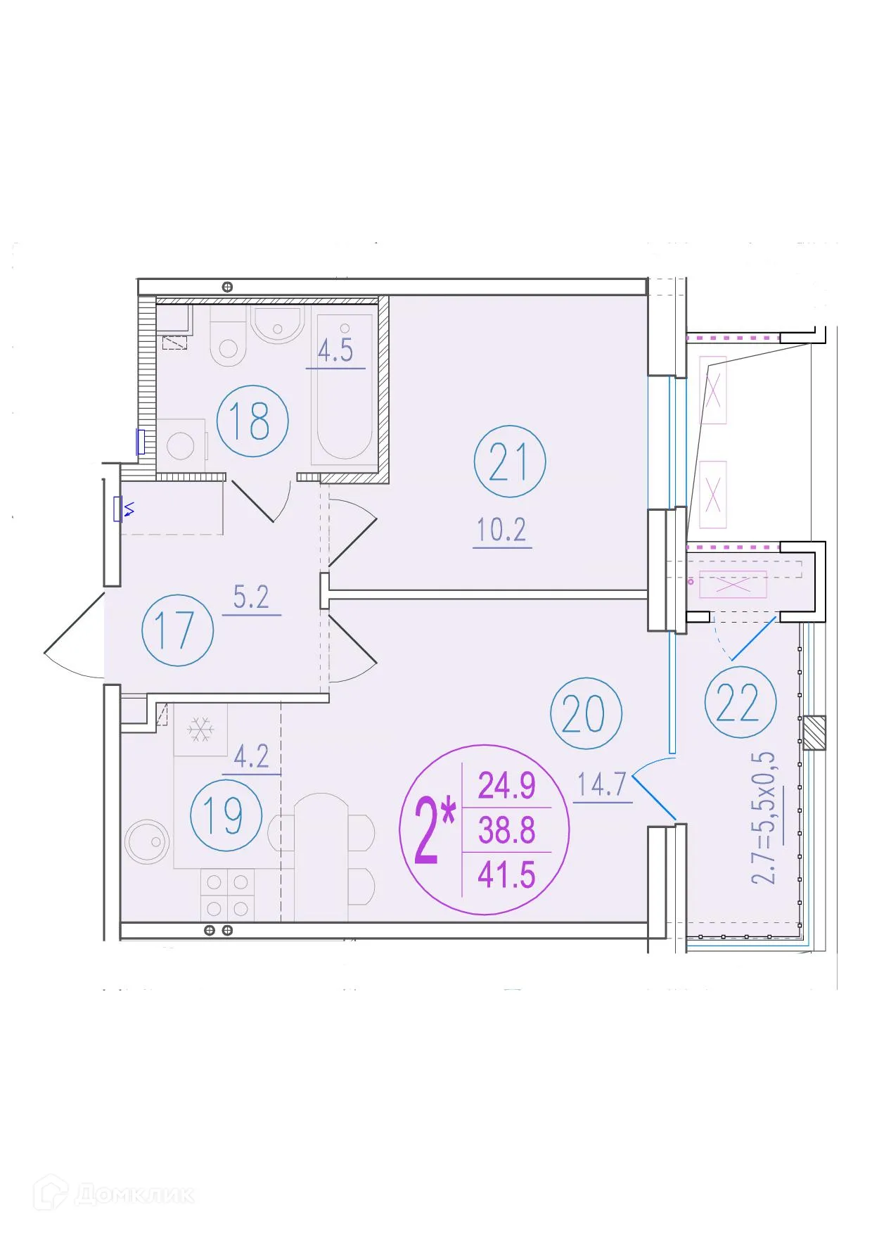 Планировка 2-комнатной квартиры 41.5 м² в ЖК СОСТОЯНИЕ, г. Ростов-на-Дону — фото 2