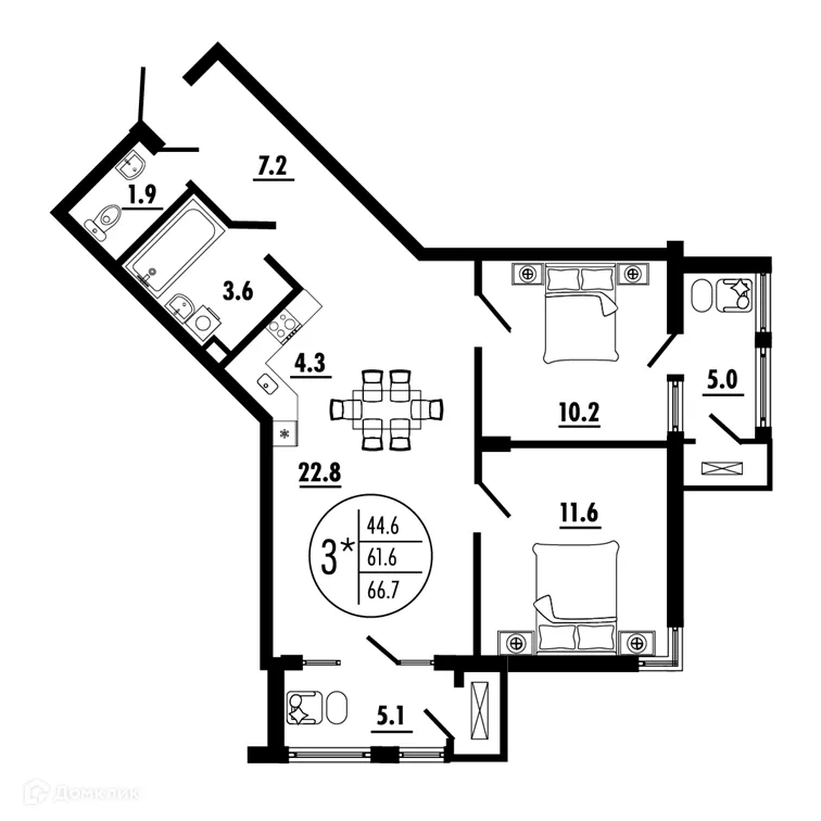 Планировка 3-комнатной квартиры 66.7 м² в ЖК СОСТОЯНИЕ, г. Ростов-на-Дону — фото 2