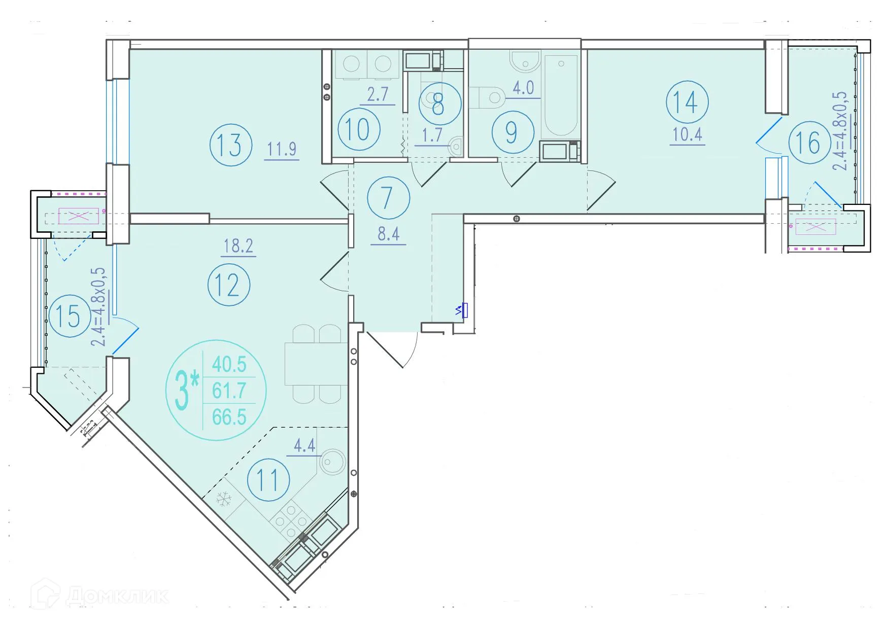 Планировка 3-комнатной квартиры 66.5 м² в ЖК СОСТОЯНИЕ, г. Ростов-на-Дону — фото 1