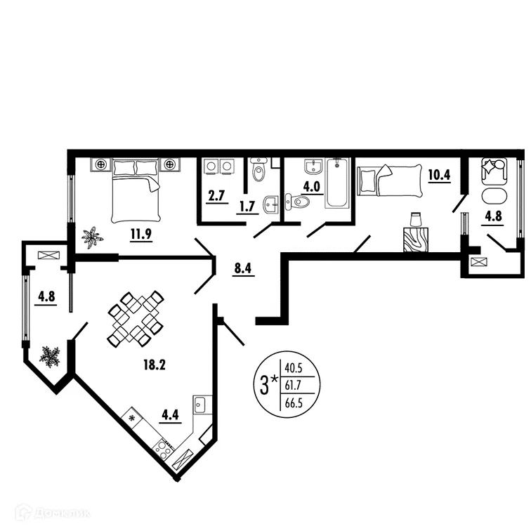 Планировка 3-комнатной квартиры 66.5 м² в ЖК СОСТОЯНИЕ, г. Ростов-на-Дону — фото 2