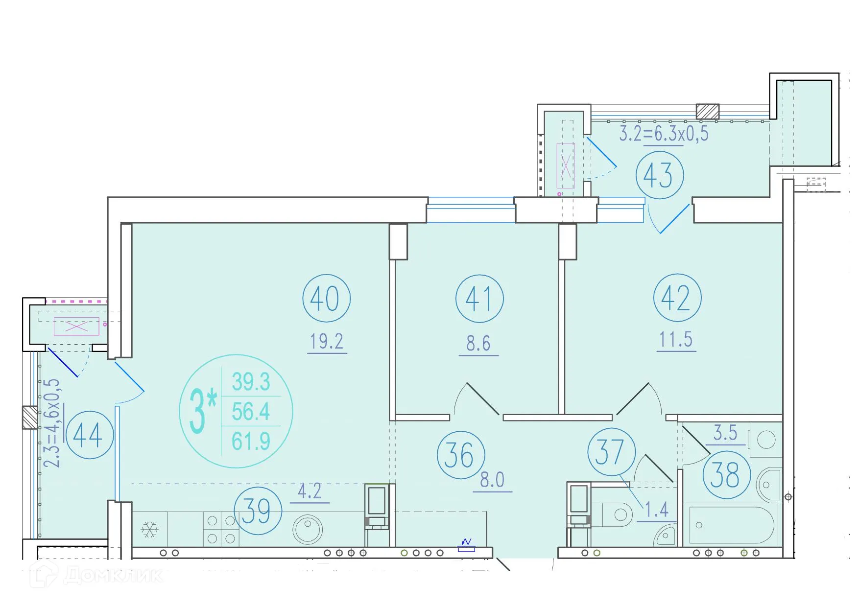 Планировка 3-комнатной квартиры 61.9 м² в ЖК СОСТОЯНИЕ, г. Ростов-на-Дону — фото 1