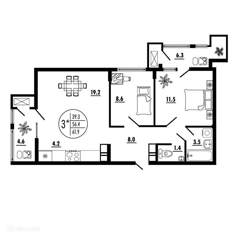 Планировка 3-комнатной квартиры 61.9 м² в ЖК СОСТОЯНИЕ, г. Ростов-на-Дону — фото 2