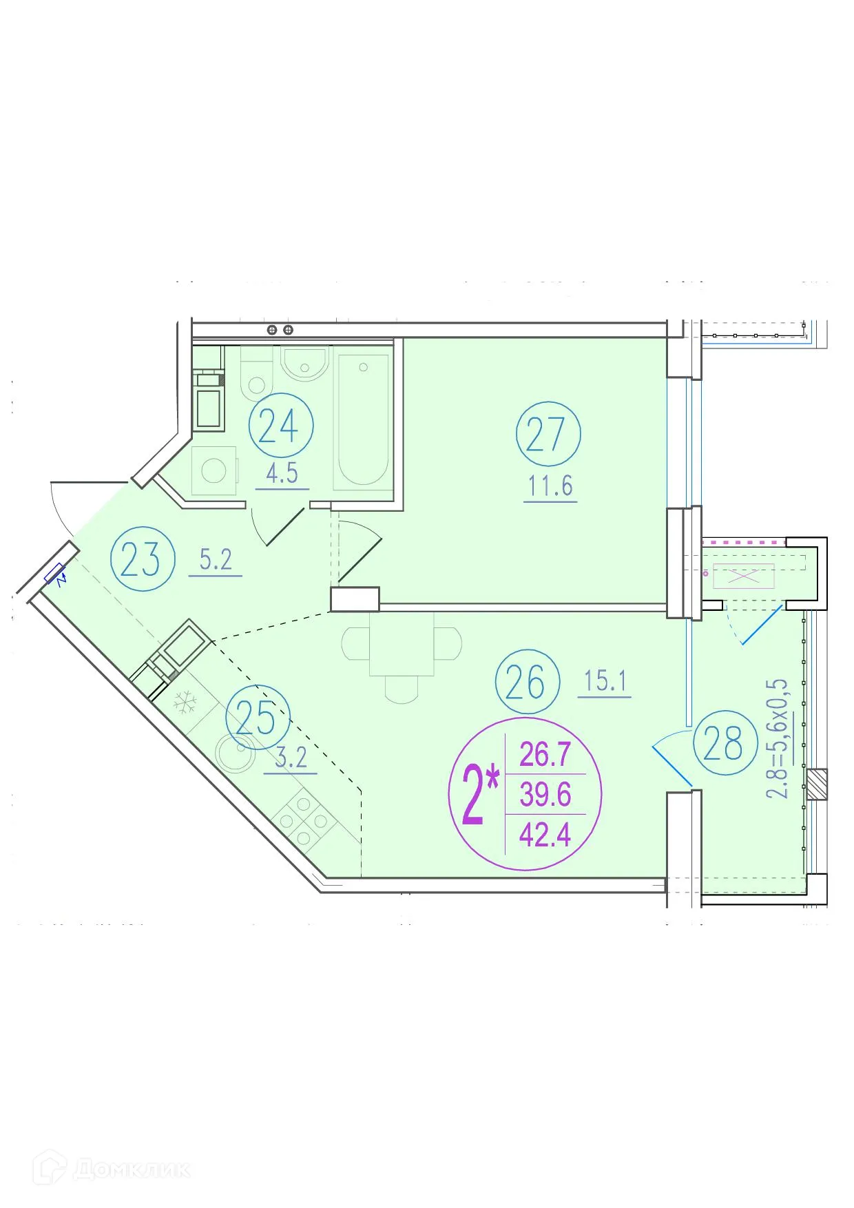 Планировка 2-комнатной квартиры 42.4 м² в ЖК СОСТОЯНИЕ, г. Ростов-на-Дону — фото 1