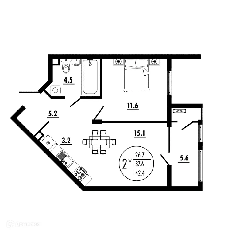 Планировка 2-комнатной квартиры 42.4 м² в ЖК СОСТОЯНИЕ, г. Ростов-на-Дону — фото 2